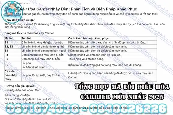 Bảng mã lỗi máy lạnh Carrier