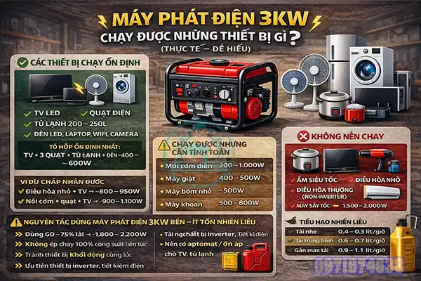 Máy phát điện 3kw chạy 1h hết bao nhiêu xăng?
